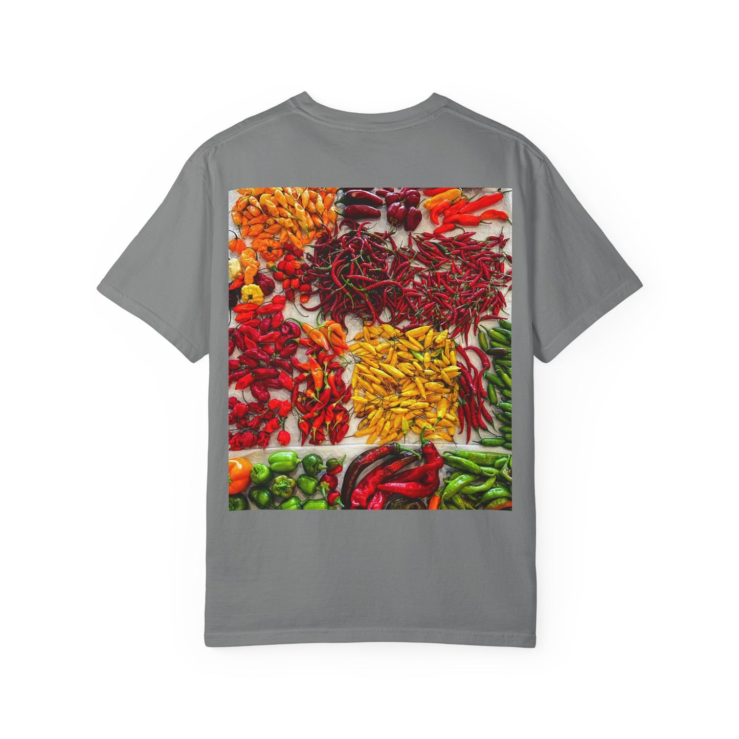 Chili Market Photo T-Shirt — Colorful Hot Pepper Print Shirt